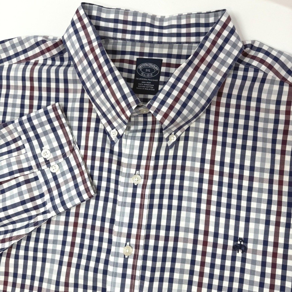 Brooks Brothers Mens 3XL Non-Iron Supima Cotton Gingham Shirt Navy Burgundy